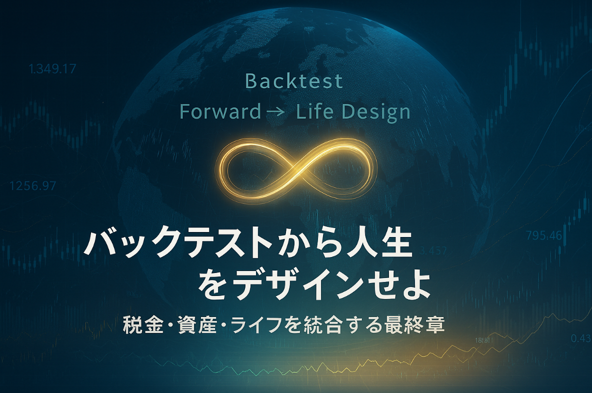 デジタル地球の上を流れるデータラインとチャート波形。 中央には輝く∞(無限)シンボルが浮かび、「知識・時間・人生の統合」を象徴する近未来的ビジュアル。