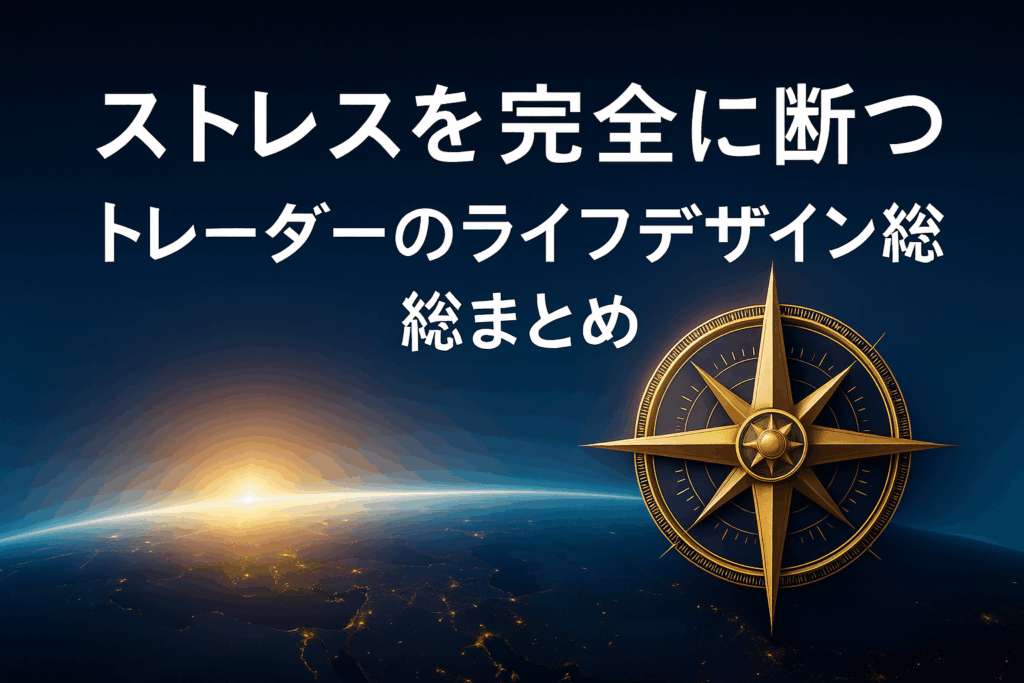 夜明け前の地球を上空から見た構図に、中央で黄金の羅針盤が輝くFXトレーダー向けデジタルアート。ネイビーとゴールドの配色で、静寂・安定・成功の象徴を表現。