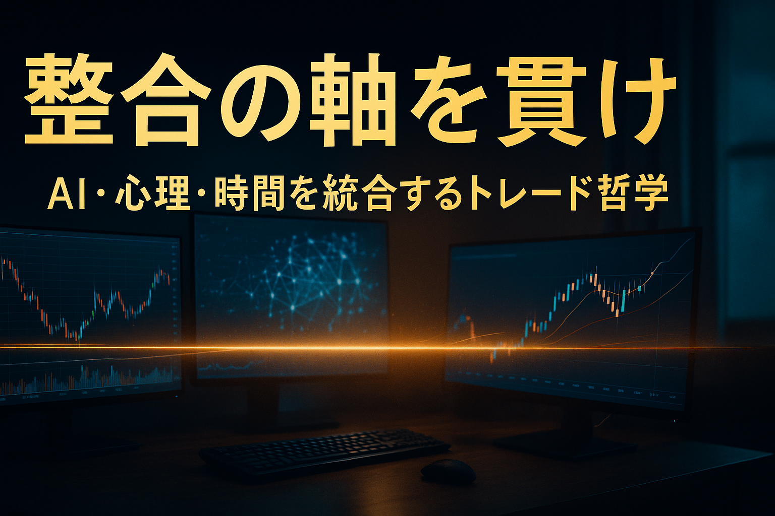 夜のトレーディングデスクに複数のモニターが並び、黄金の光のラインが横切る。AI分析とチャート画面が調和し、整合トレードの知性と集中を象徴している横長イメージ。
