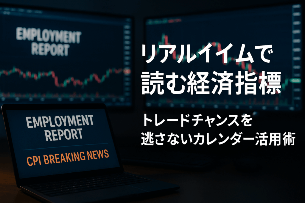 複数のモニターに為替チャートと経済ニュース速報が映し出されたトレーダーデスク。ノートPCには「雇用統計発表」「CPI速報」の文字が点灯し、ブルーライトが輝くリアルなFX取引環境を表現。