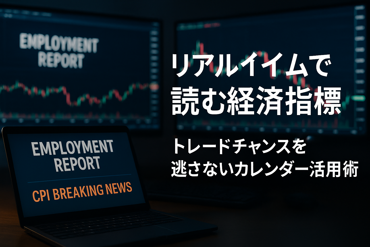 複数のモニターに為替チャートと経済ニュース速報が映し出されたトレーダーデスク。ノートPCには「雇用統計発表」「CPI速報」の文字が点灯し、ブルーライトが輝くリアルなFX取引環境を表現。