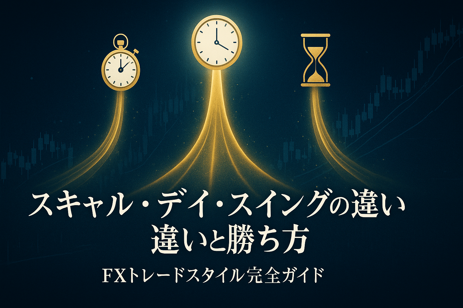 三本の黄金の光の道が未来へ伸びるFXトレードスタイルの象徴的イメージ。ストップウォッチ・時計・砂時計がスキャル・デイ・スイングの違いを表し、背景にはローソク足チャートと光の球が輝く。