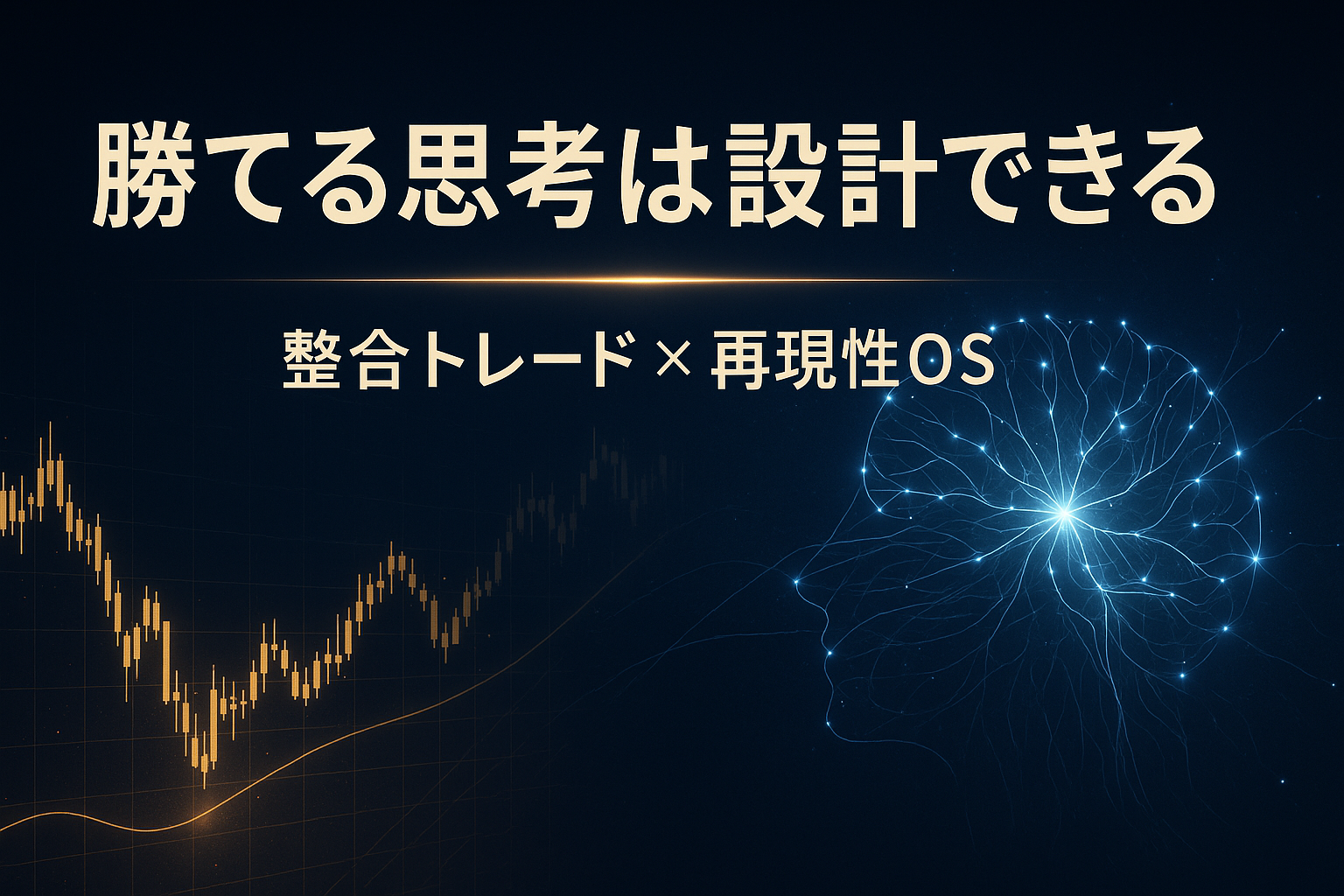 FXチャートと光る神経ネットワークを組み合わせたデジタルイラスト。 左側のゴールドチャートと右側の青いニューロンが光の軸でつながり、「整合トレード × 再現性OS」というテキストが浮かぶ、思考と市場の融合を象徴するビジュアル。
