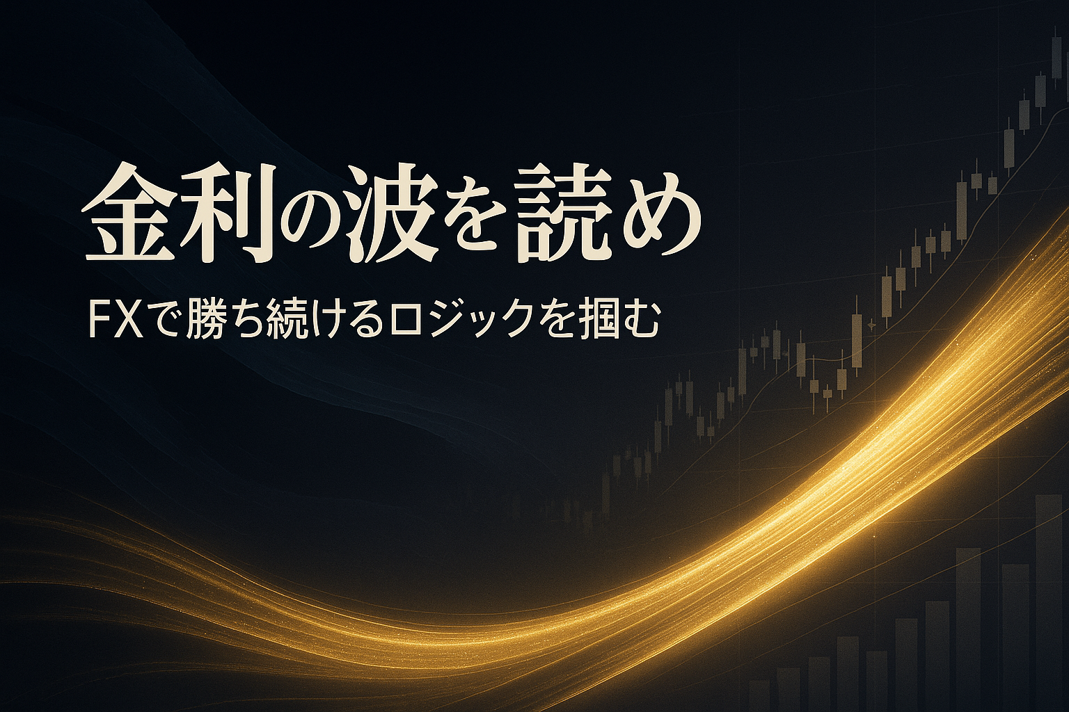 金色の光の波が左下から右上へ流れ、為替チャートのような動きを描くデザイン。紺色の背景に「金利の波を読め」「FXで勝ち続けるロジックを掴む」というテキストが配置された高級感のあるビジュアル。