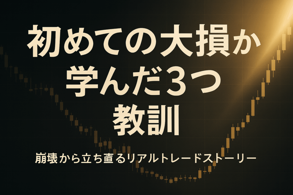 暗いFXチャートに激しい下落ラインが描かれ、右上から光が差し込み上昇トレンドが形成される。FX初心者が大損から再起する瞬間を象徴するイメージ。