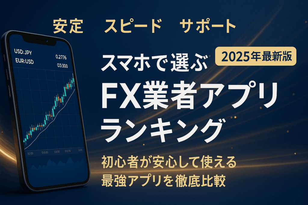 スマートフォン画面に上昇チャートが表示されたFXアプリのイメージ。DMM.com証券やFXTFなど主要9社のアプリを比較したランキングビジュアル。
