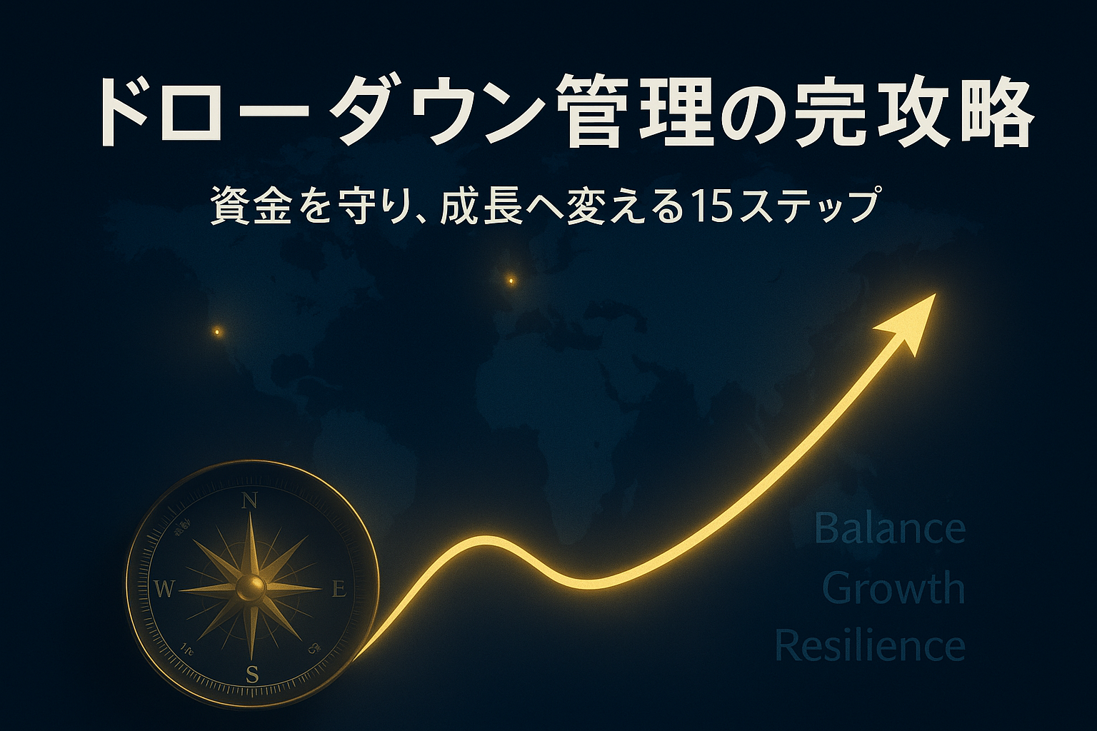 深いネイビーブルーの世界地図に、東京・ロンドン・ニューヨークが金色の光で輝き、 中央を黄金の資金曲線が右上へ伸びる。 左下に羅針盤が光を放ち、右上には「Balance」「Growth」「Resilience」の文字。 安定と成長を象徴するFXトレードの理想イメージ。