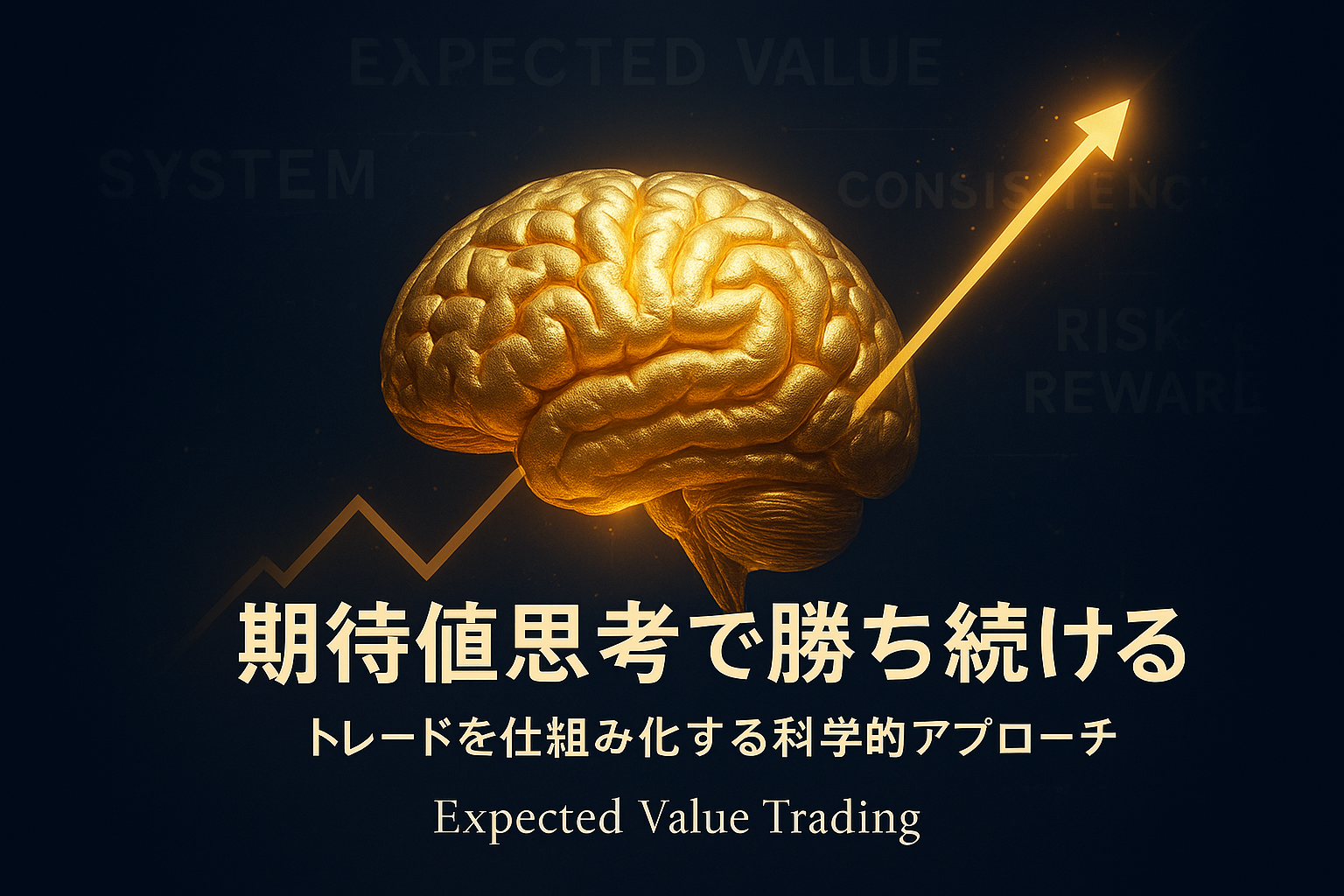 黄金に輝く人間の脳をモチーフに、上昇するゴールドのチャートラインが貫くFXトレードの象徴的ビジュアル。背景には“EXPECTED VALUE”“SYSTEM”“CONSISTENCY”“RISK×REWARD”の英字が浮かび、知性と確率で勝つトレード哲学を表現。