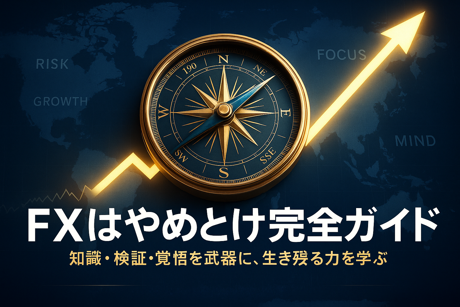 ネイビーとゴールドの世界地図の上に浮かぶ黄金の羅針盤。針が右上に伸びる光のチャートラインを指し、FXで生き残る力と覚悟を象徴するデザイン。