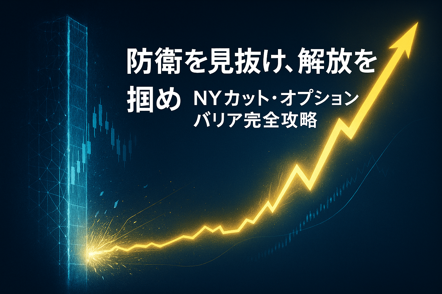 青い防衛壁を突き抜けて金色のチャートラインが光を放つ、ニューヨークカットとオプションバリアの解放を象徴するFXビジュアル