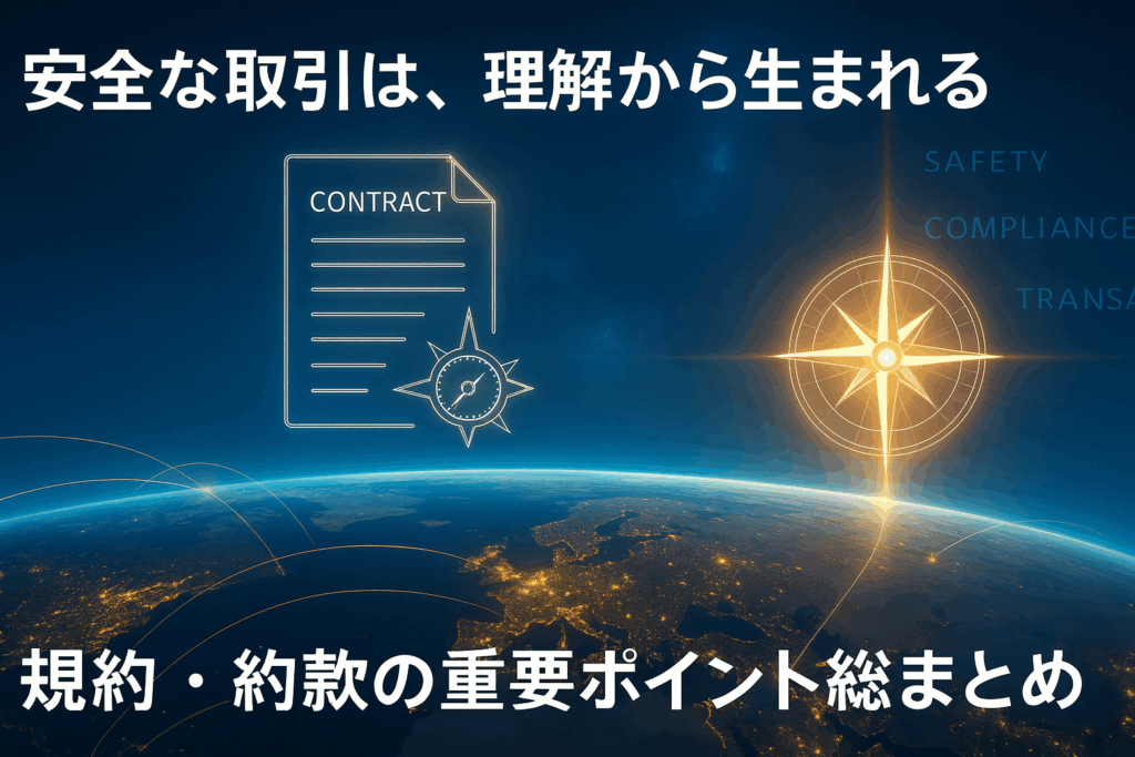 夜の地球を俯瞰し、青と金の光が世界を結ぶ中に浮かぶ契約書と黄金の羅針盤。 「Safety」「Compliance」「Trust」の光文字が漂い、FX取引における安全・信頼・理解を象徴する未来的なイメージ。