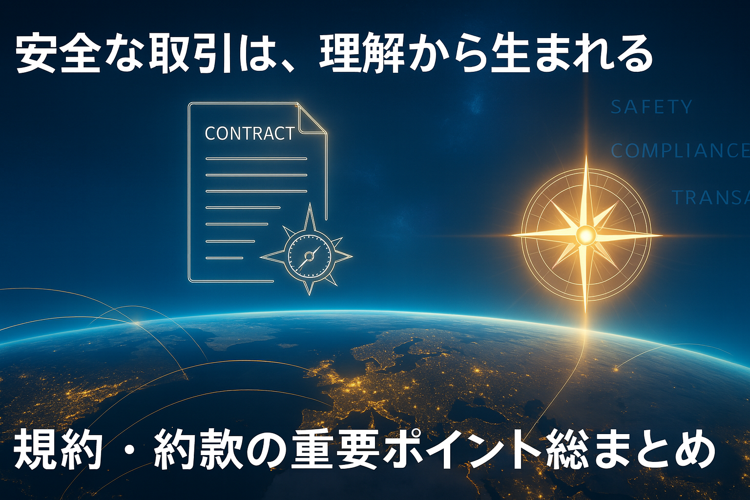 夜の地球を俯瞰し、青と金の光が世界を結ぶ中に浮かぶ契約書と黄金の羅針盤。 「Safety」「Compliance」「Trust」の光文字が漂い、FX取引における安全・信頼・理解を象徴する未来的なイメージ。
