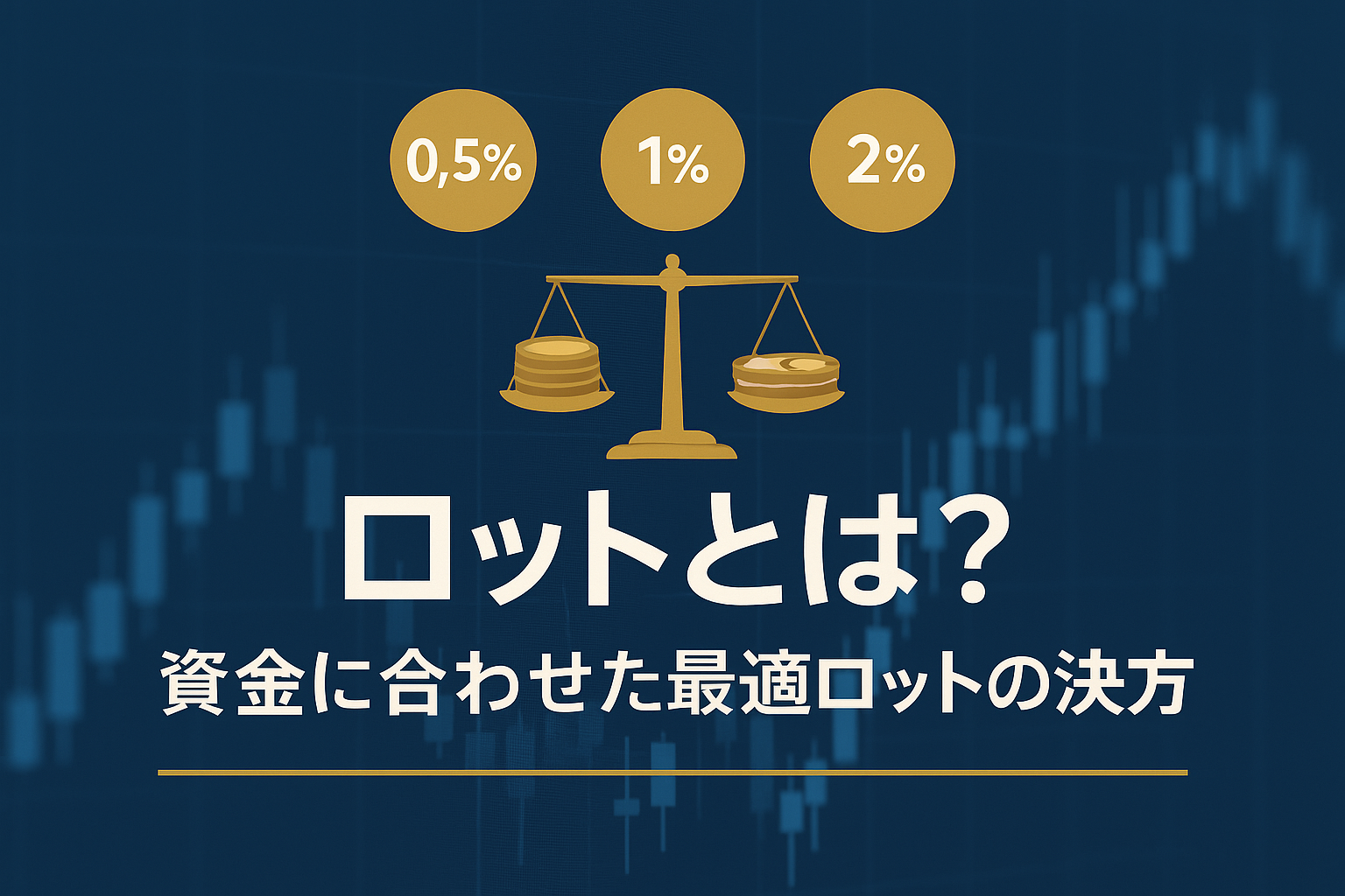 ローソク足のぼかし背景に天秤。左皿に「資金」、右皿に「損切りpips」、上部に0.5%・1%・2%の丸チップを配置し、ロット最適化（資金×損切り×リスク％）を表現した金融系アイキャッチ。