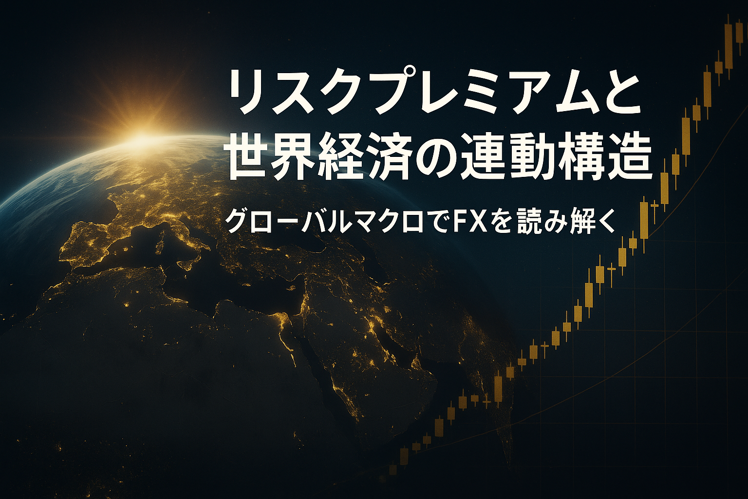 宇宙から見た地球を背景に、金色の為替チャートラインが右上に上昇していく様子を描いたデザイン。リスクプレミアムと世界経済の連動を象徴するイメージ。