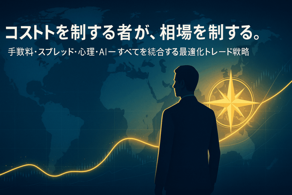 世界地図を背景に、黄金の光のラインが未来へと伸びる。光の道に立つトレーダーと輝く羅針盤が、FXにおける「コスト最適化」と「戦略的判断力」を象徴する横長デザイン。