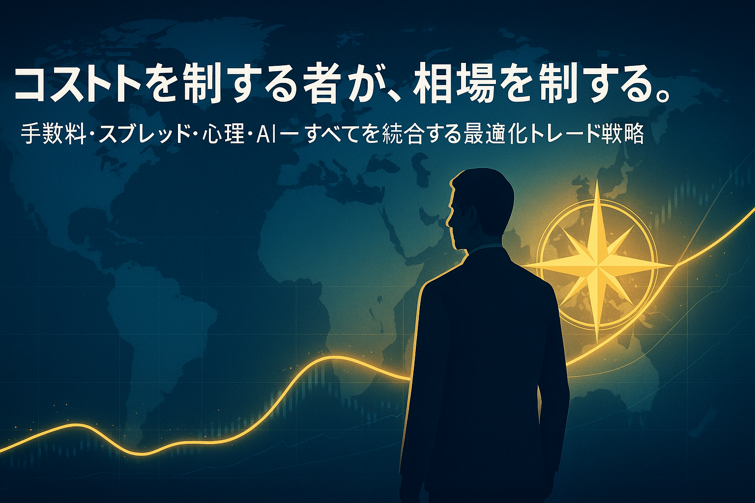 世界地図を背景に、黄金の光のラインが未来へと伸びる。光の道に立つトレーダーと輝く羅針盤が、FXにおける「コスト最適化」と「戦略的判断力」を象徴する横長デザイン。