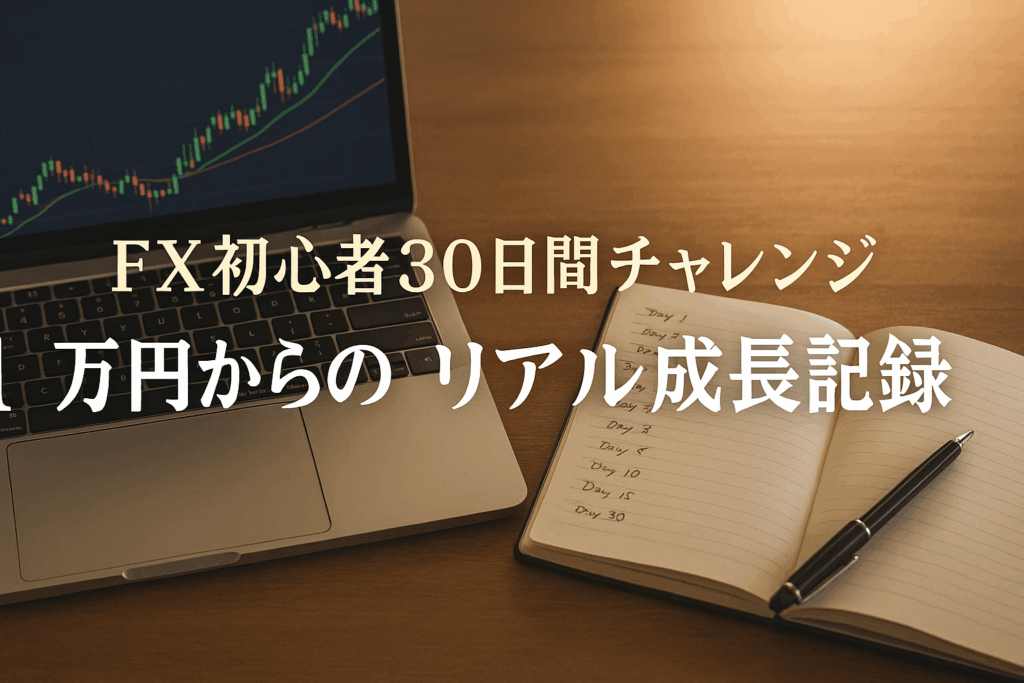 ノートPCに映る上昇チャートと手書きの取引記録ノート、 FX初心者が1万円から30日間で学んだリアルな成長過程を象徴するデスク構図。 温かい朝日が差し込む高級感のあるワークスペース。