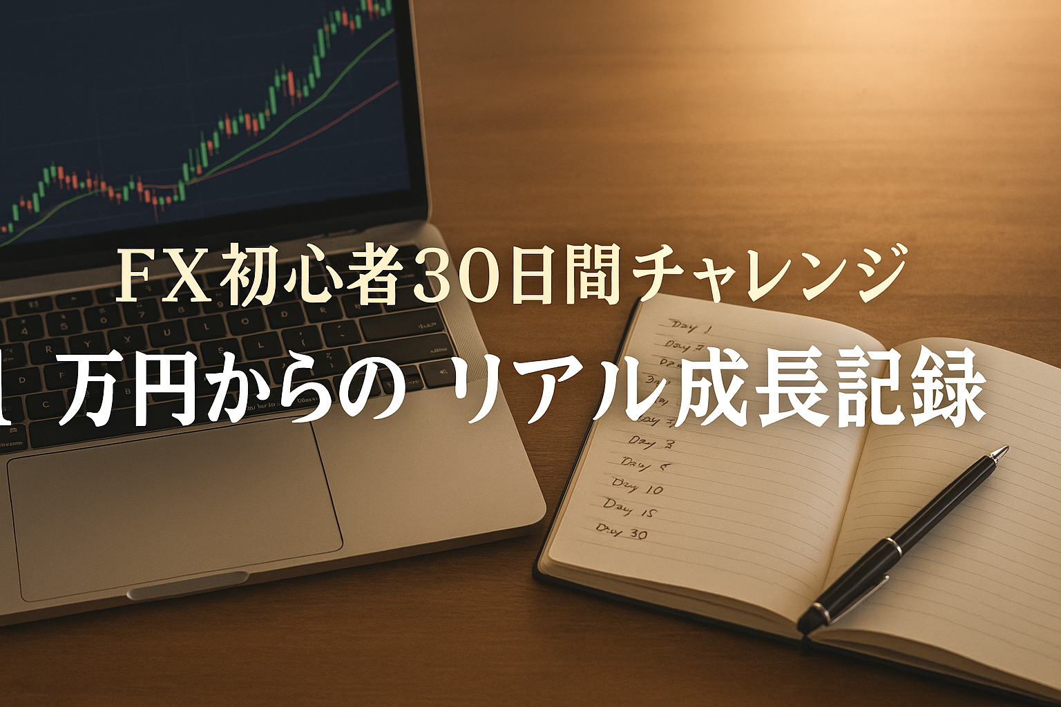ノートPCに映る上昇チャートと手書きの取引記録ノート、 FX初心者が1万円から30日間で学んだリアルな成長過程を象徴するデスク構図。 温かい朝日が差し込む高級感のあるワークスペース。