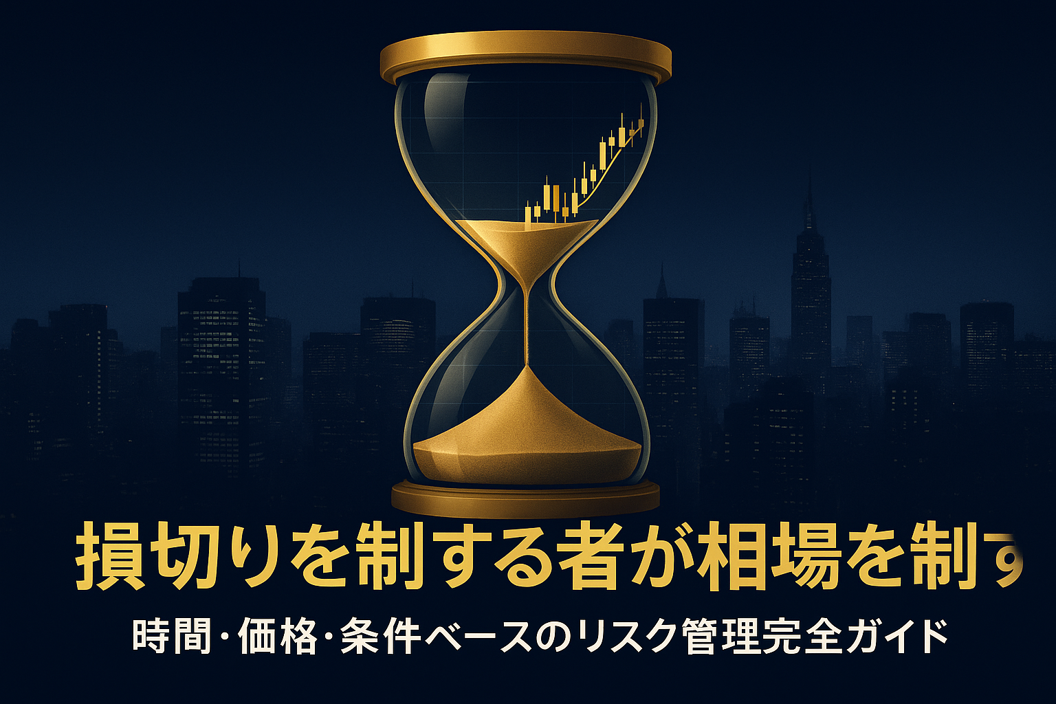 夜の金融都市を俯瞰し、中央に浮かぶ砂時計の中に金色の為替チャートが流れるデザイン。 FXにおける時間・価格・条件ベース損切りの重要性と冷静な判断を象徴するアイキャッチ画像。