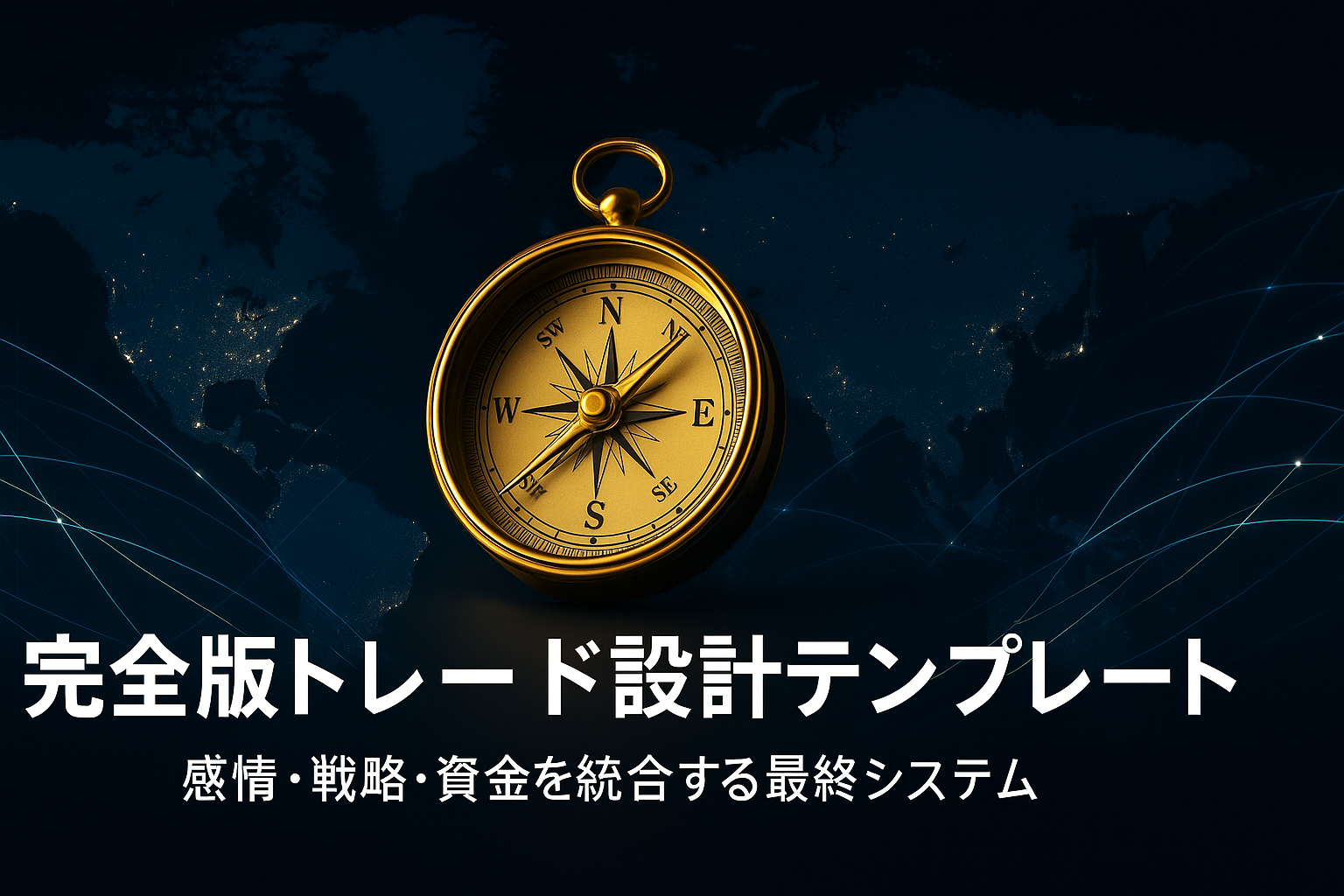 ネイビー背景の世界地図の上に浮かぶ黄金の羅針盤。都市の光点を結ぶ光のラインが広がり、「完全版トレード設計テンプレート」と白文字で記された高級感あるFXアイキャッチ画像。