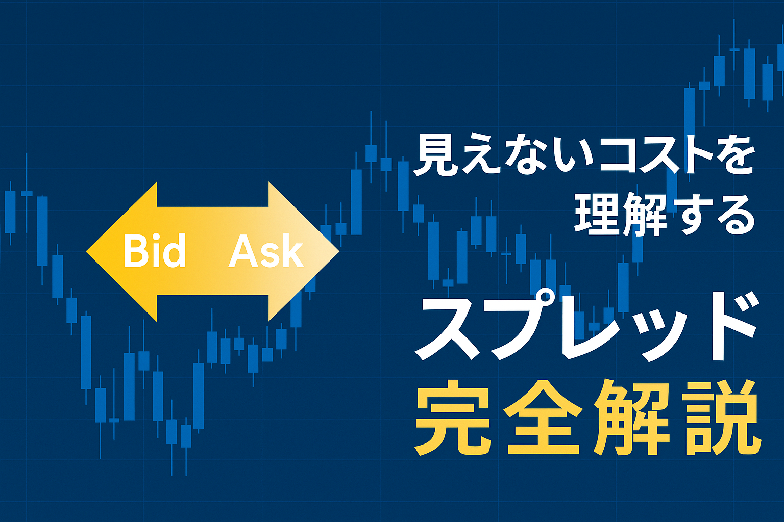青色の為替チャートを背景に、黄色の双方向矢印で「Bid ↔ Ask」を表現したスプレッド完全解説用アイキャッチ画像｜見えないコストを理解する