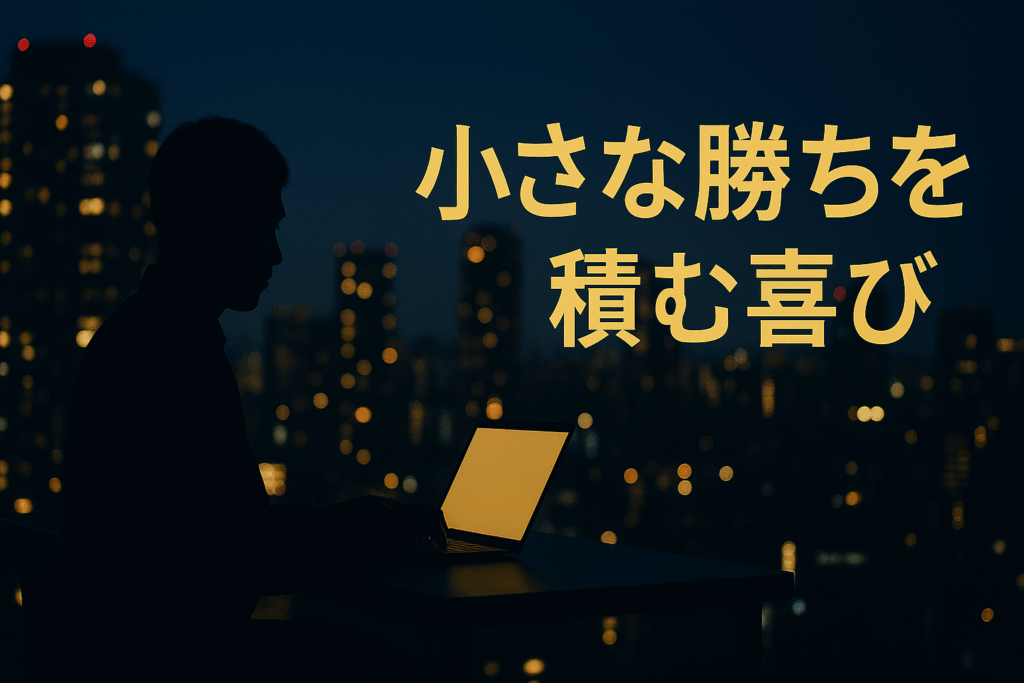 ネイビーの夜景に浮かぶトレーダーのシルエット。 高層ビルの窓明かりが点在し、ノートPCの光に包まれながら静かにチャートを見つめる姿を描いたFXの象徴的ビジュアル。