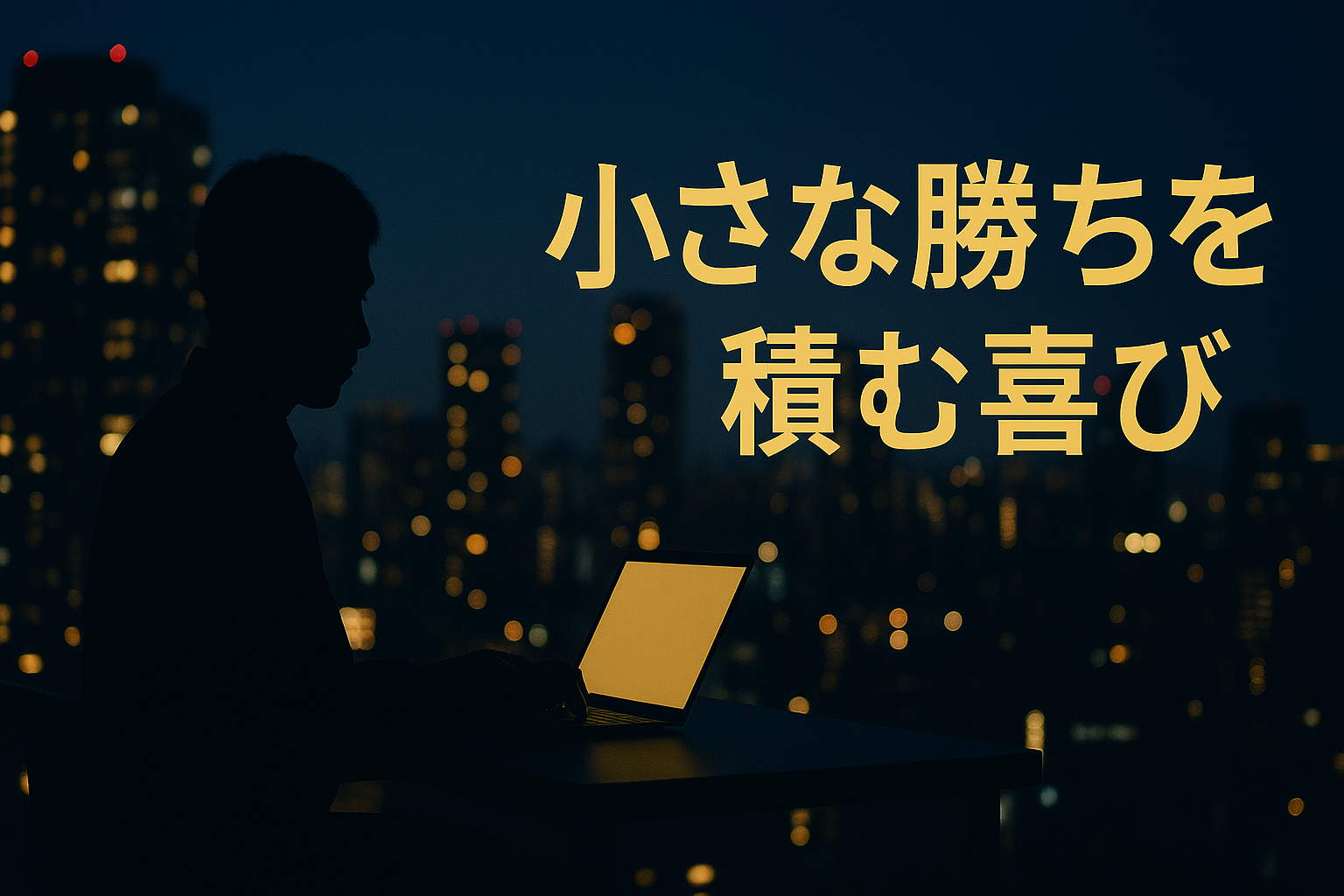 ネイビーの夜景に浮かぶトレーダーのシルエット。 高層ビルの窓明かりが点在し、ノートPCの光に包まれながら静かにチャートを見つめる姿を描いたFXの象徴的ビジュアル。