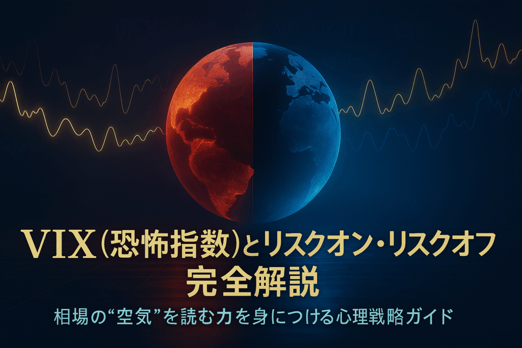 金融市場を象徴する半分が赤・半分が青の地球に、リスクオンとリスクオフの波が交差するデジタルイラスト。 中央に「VIX（恐怖指数）とリスクオン・リスクオフ完全解説」の文字。 相場心理と地合いを可視化する高級感あるビジュアル。
