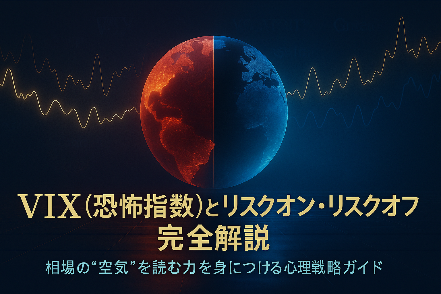 金融市場を象徴する半分が赤・半分が青の地球に、リスクオンとリスクオフの波が交差するデジタルイラスト。 中央に「VIX（恐怖指数）とリスクオン・リスクオフ完全解説」の文字。 相場心理と地合いを可視化する高級感あるビジュアル。