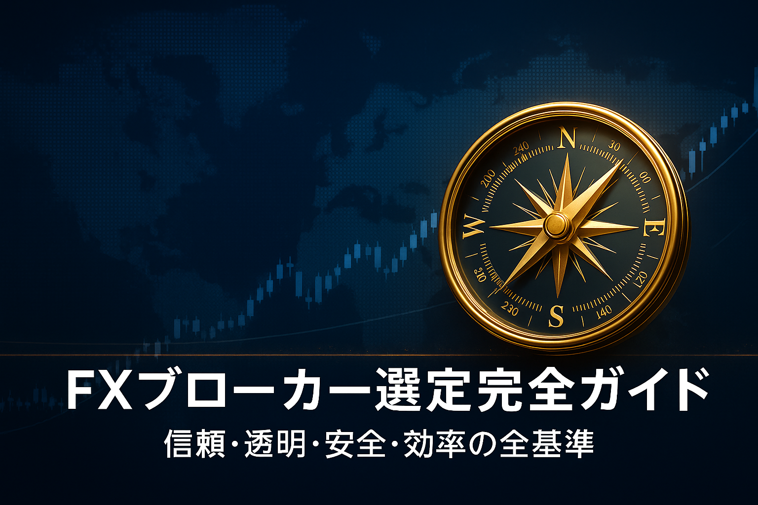 深いネイビーブルーの世界地図と黄金の羅針盤を組み合わせたFXブローカー選定ガイドのアイキャッチ画像。上昇チャートラインと光のラインが信頼・透明性・成長を象徴。