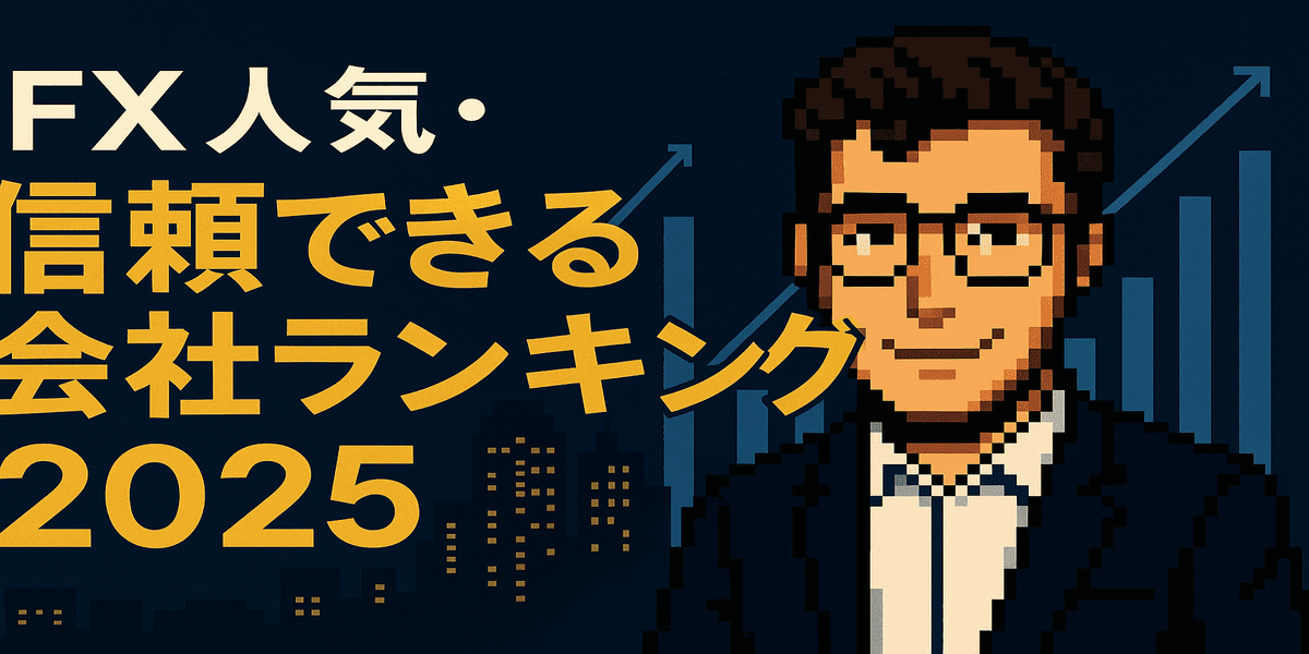 FX人気・信頼できる会社ランキング2025の横長バナー画像。ネイビー×ゴールドの高級感ある背景に、上昇チャートと人物イラストを配置した信頼感のあるデザイン。