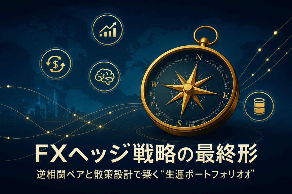 未来都市の夜景に浮かぶ黄金のコンパスと上昇するチャートラインが、テクノロジーと金融の融合を象徴するFXヘッジ戦略の最終章ビジュアル。