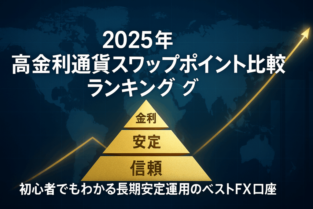 「2025年FXスワップポイント比較ランキングを表す世界地図と黄金のピラミッド。金色の上昇チャートラインが未来的に輝く高級感あるデザイン」