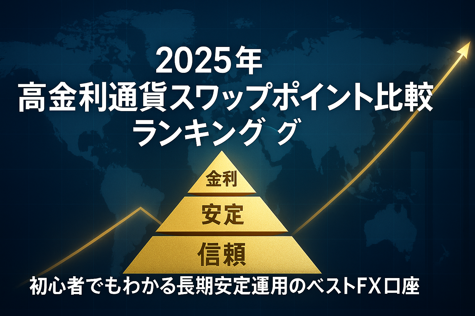 「2025年FXスワップポイント比較ランキングを表す世界地図と黄金のピラミッド。金色の上昇チャートラインが未来的に輝く高級感あるデザイン」