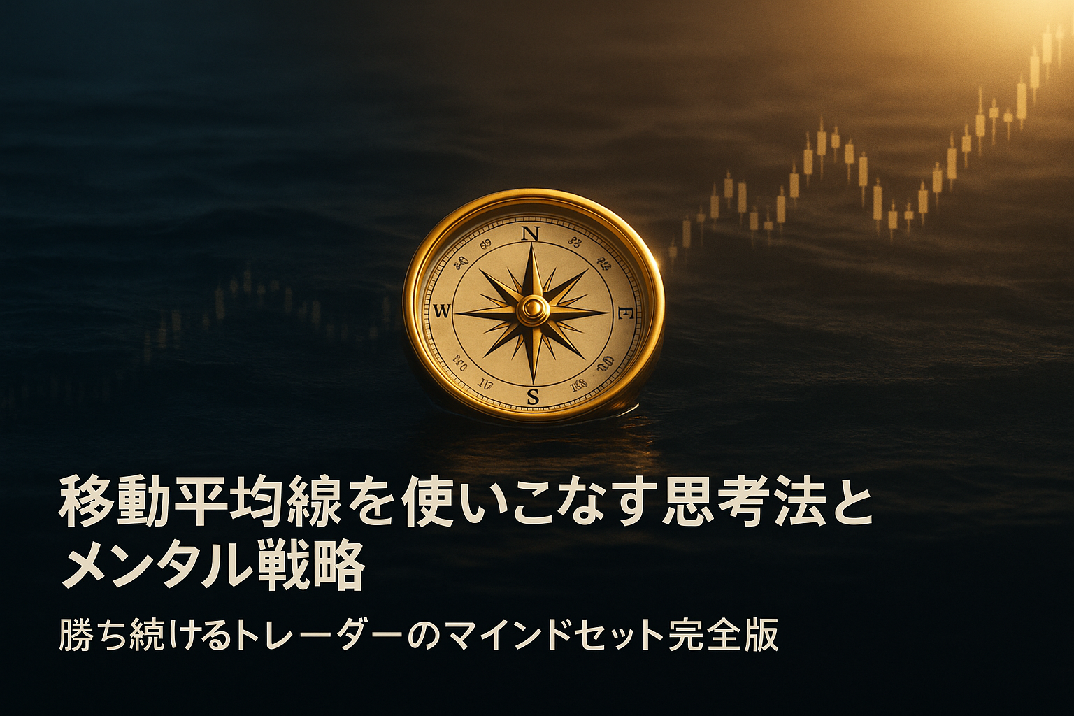 深いネイビーブルーの海に浮かぶ黄金の羅針盤が輝き、右上に金色の光が差し込む。移動平均線の哲学とメンタル戦略を象徴する静寂で知的なビジュアル。