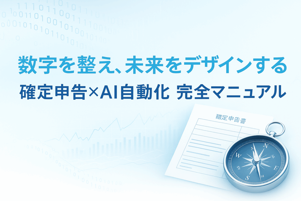 白と青のグラデーション背景に、AIデータラインと羅針盤、確定申告書類が並ぶデザイン。 テキスト「数字を整え、未来をデザインする｜確定申告×AI自動化 完全マニュアル」が中央に配置され、 透明感・信頼感・未来志向を表現している。