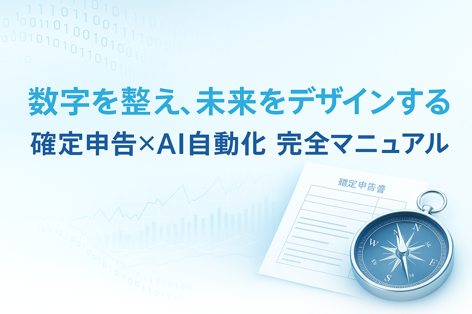 白と青のグラデーション背景に、AIデータラインと羅針盤、確定申告書類が並ぶデザイン。 テキスト「数字を整え、未来をデザインする｜確定申告×AI自動化 完全マニュアル」が中央に配置され、 透明感・信頼感・未来志向を表現している。