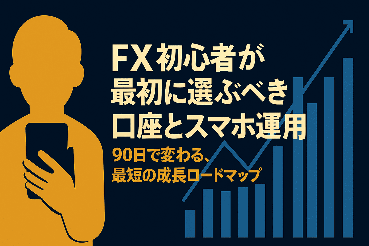 スマホを手にした初心者トレーダーが上昇チャートを見つめるイラスト。 青と白のグラデーション背景に「FX初心者が最初に選ぶべき口座とスマホ運用|90日で変わる成長ロードマップ」と書かれた高解像度アイキャッチ画像。