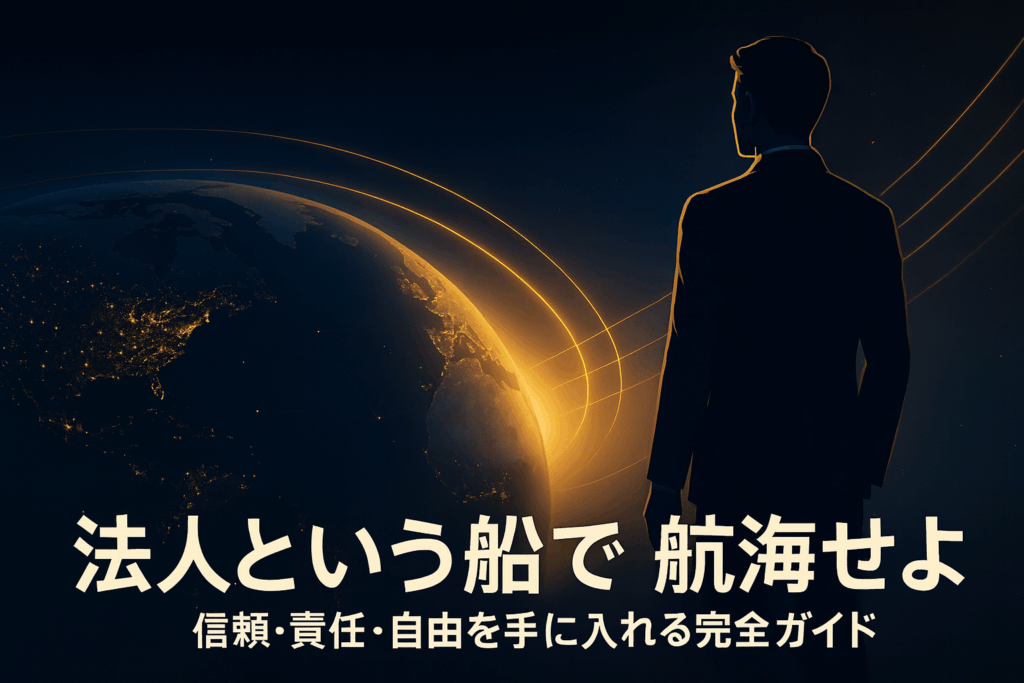 宇宙空間に浮かぶ地球を俯瞰した構図。 地表に金色の光の航路が交差し、グローバル経済のつながりを象徴。 前景にはスーツ姿のビジネスマンが未来を見据え、 「法人という船で航海せよ｜信頼・責任・自由を手に入れる完全ガイド」のテキストが配置されている。