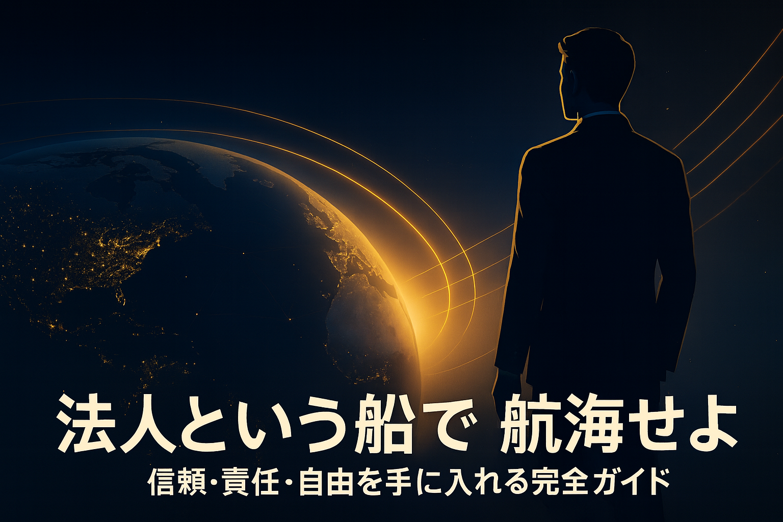 宇宙空間に浮かぶ地球を俯瞰した構図。 地表に金色の光の航路が交差し、グローバル経済のつながりを象徴。 前景にはスーツ姿のビジネスマンが未来を見据え、 「法人という船で航海せよ|信頼・責任・自由を手に入れる完全ガイド」のテキストが配置されている。