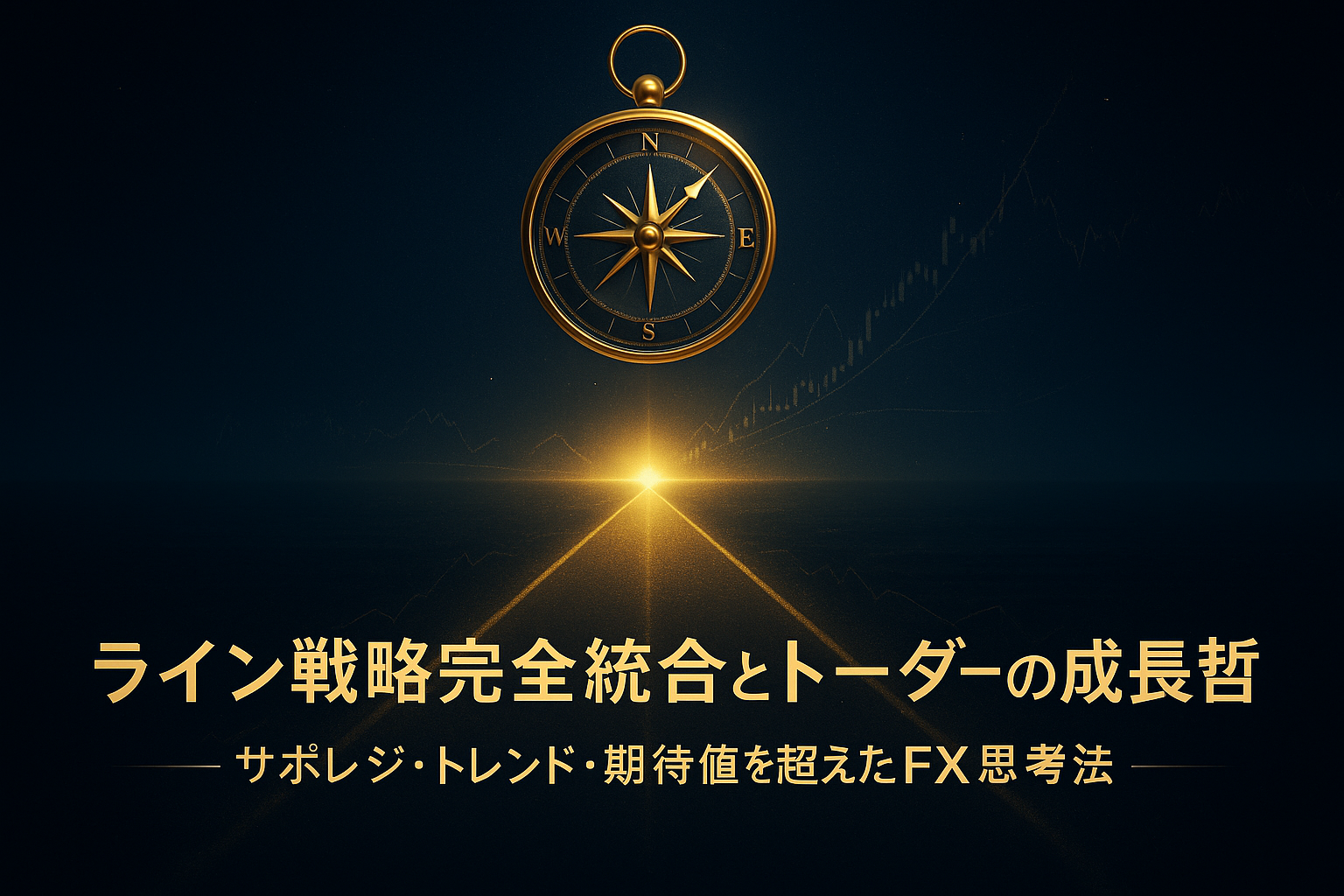 漆黒からネイビーにかけての宇宙空間に、黄金の道が地平線へ伸びる。 道の先には輝く光の球体が浮かび、上空には黄金のコンパスが光の軌跡を指している。 FXトレーダーの成長と哲学を象徴する荘厳な構図。