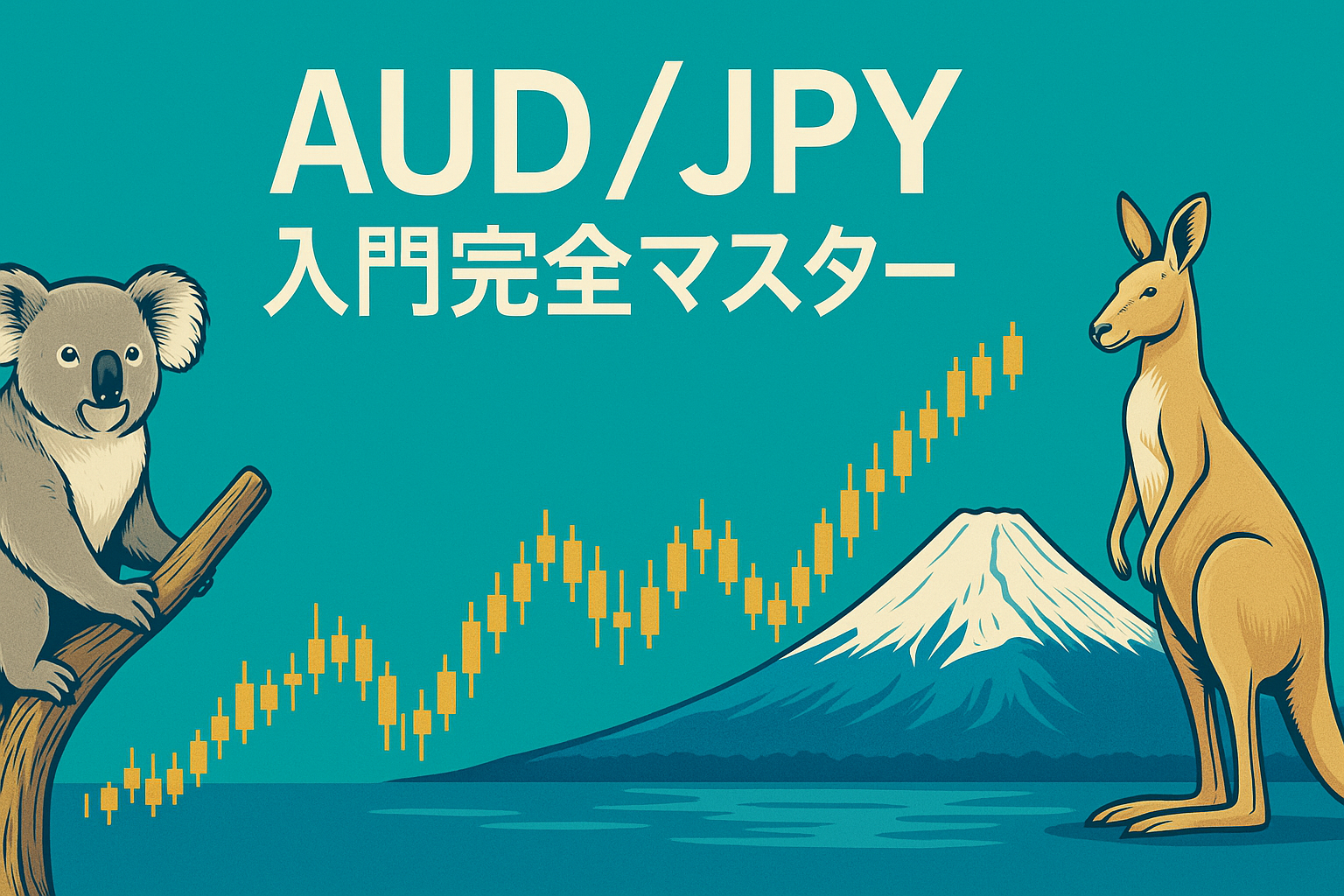 オーストラリアの象徴であるコアラとカンガルー、日本の富士山を背景に、中央を走るゴールドのローソク足チャートと「AUD/JPY 入門完全マスター」の文字を配置した横長デザイン