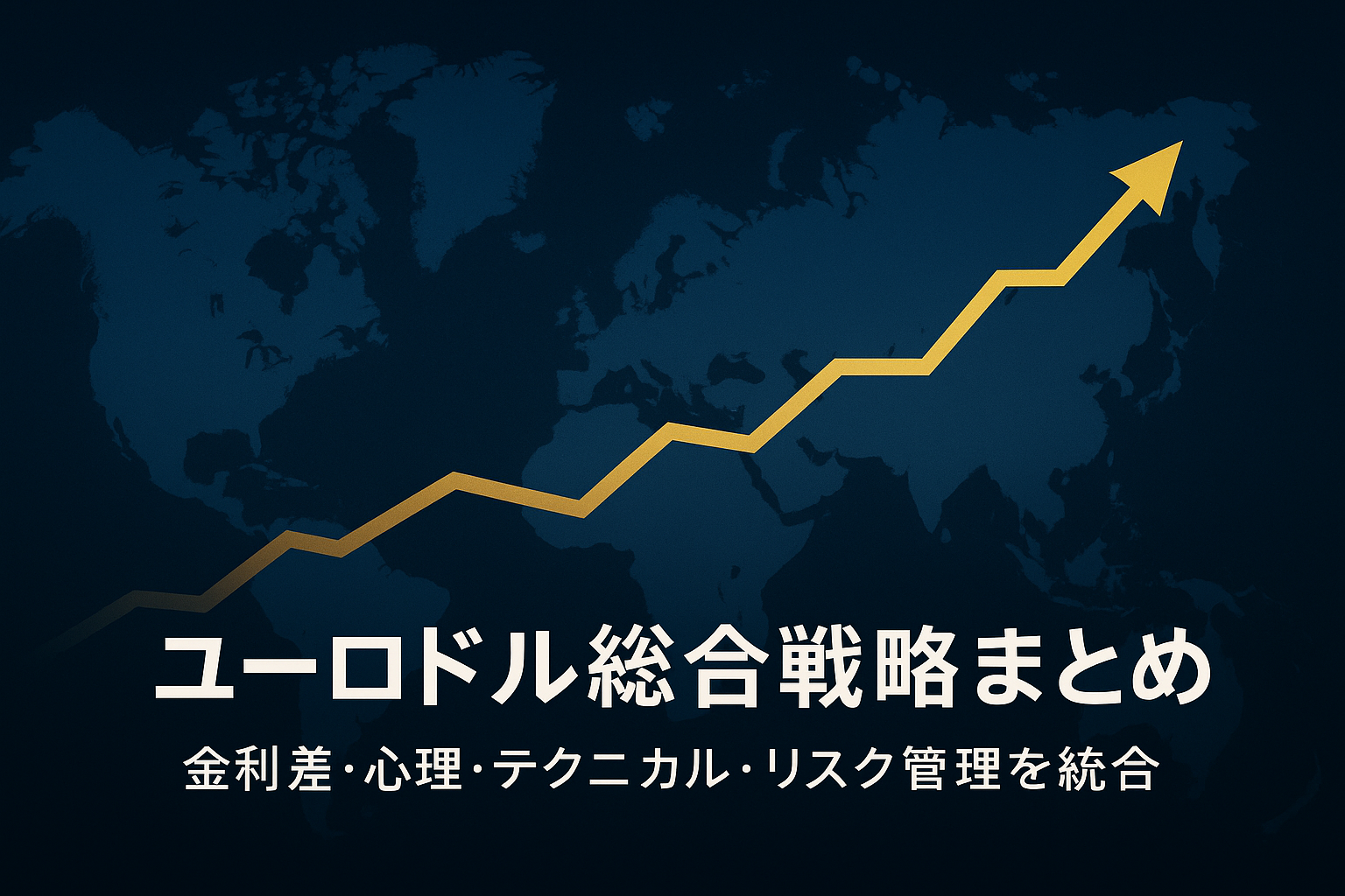 ネイビー基調の世界地図に欧州と米国を強調し、右上に向かうゴールドの上昇チャートラインを重ねたデザイン。下部に『ユーロドル総合戦略まとめ｜金利差・心理・テクニカル・リスク管理を統合』の文字。