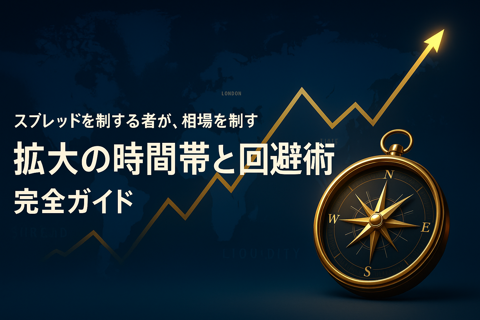 深いネイビーブルーの世界地図の上を、黄金のチャートラインが右上に伸びる。 光の先には輝く羅針盤が浮かび、東京・ロンドン・ニューヨークの都市が光点として示されている。 FX市場におけるスプレッド拡大の時間帯と回避戦略を象徴する高級感あるデジタルビジュアル。