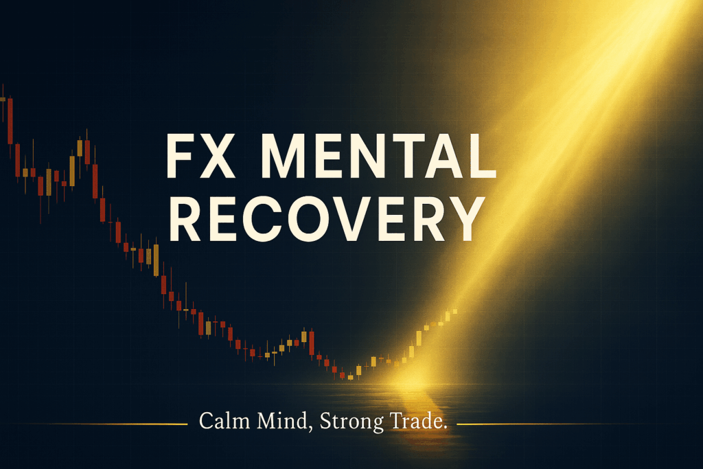 FXメンタル崩壊からのリカバリーを象徴したMT4風チャート背景。ネイビーとゴールドの光が交差し、夜明けのように希望を照らす金融ビジュアル。