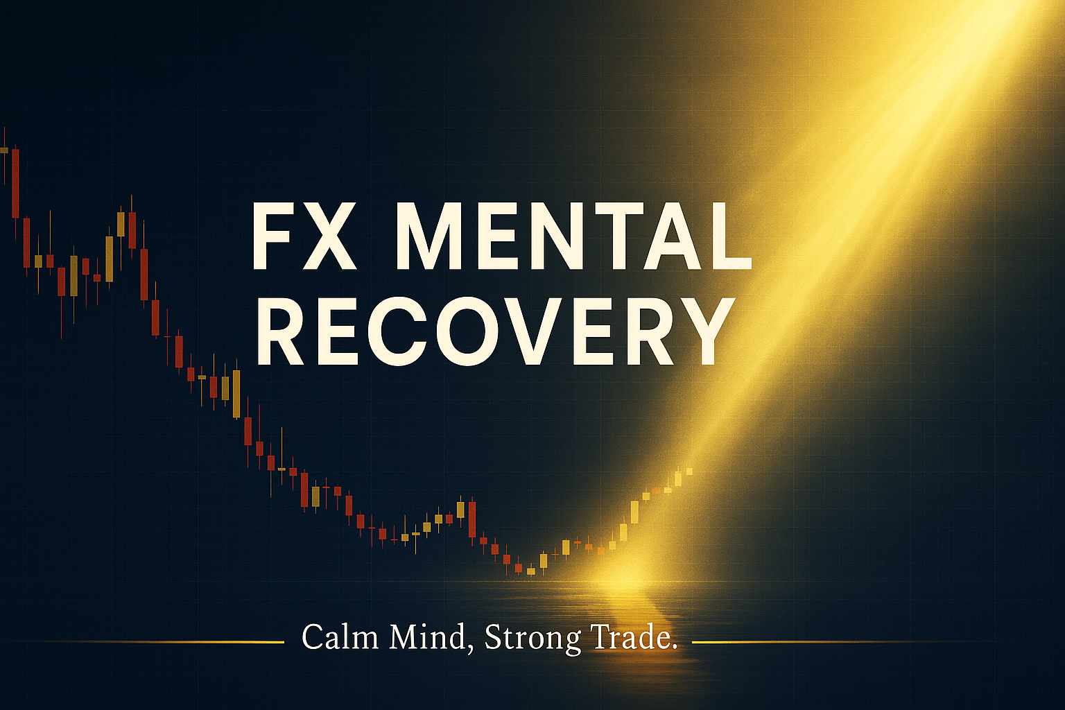 FXメンタル崩壊からのリカバリーを象徴したMT4風チャート背景。ネイビーとゴールドの光が交差し、夜明けのように希望を照らす金融ビジュアル。