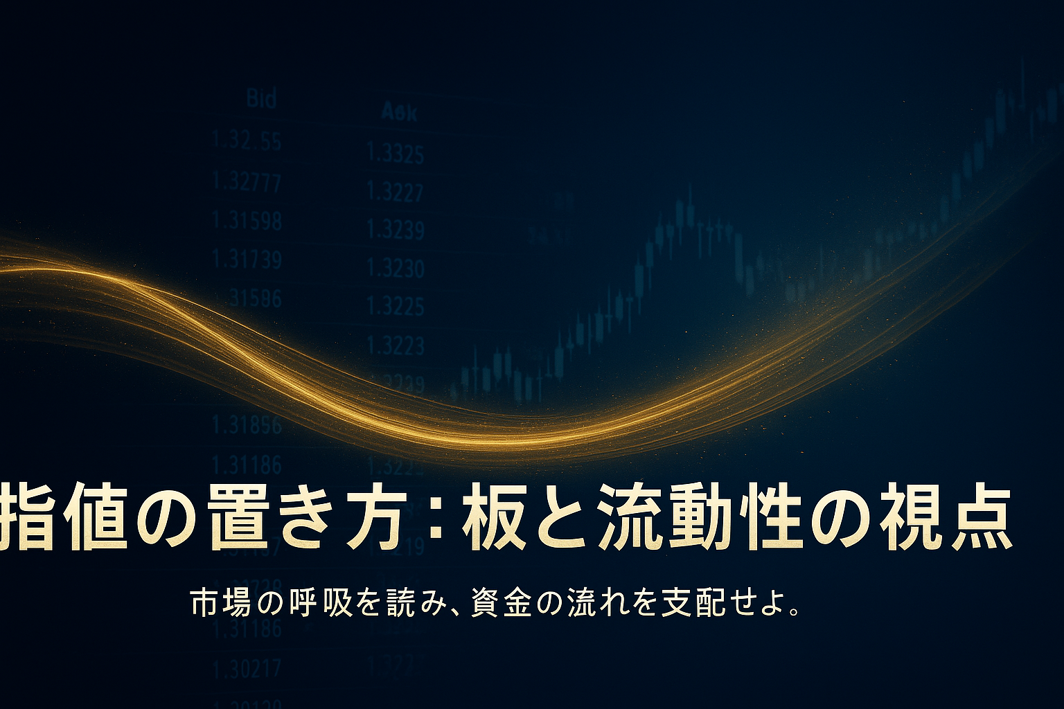 FXの指値注文を象徴するビジュアル。ネイビーとゴールドの光の波が流動性を表し、透明な板情報が重なり合う中、中央の金色の光点が“刺さる指値”を示すデジタルアート。