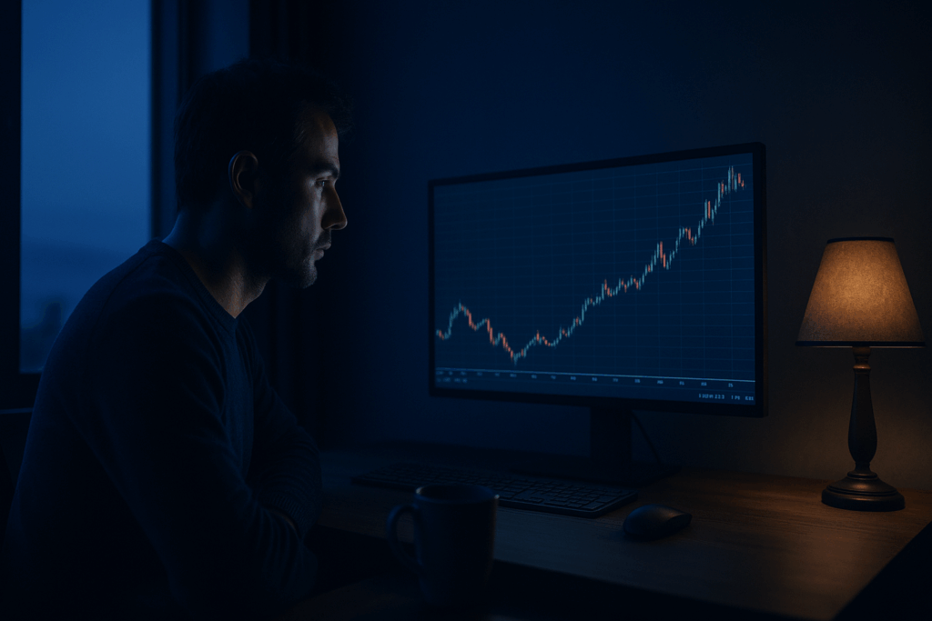 夜明け前の青い光に包まれたトレーダーが、静かにチャートを見つめる。FXの世界に生きる決意と内なる豊かさを象徴する。