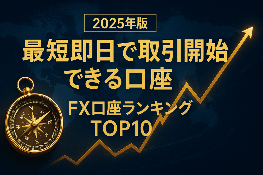2025年版 FX口座ランキングTOP10。黄金のコンパスと上昇チャートラインが輝くネイビーとゴールドの背景に、“最短即日で取引開始できる口座”の文字が入った高級感あるデザイン