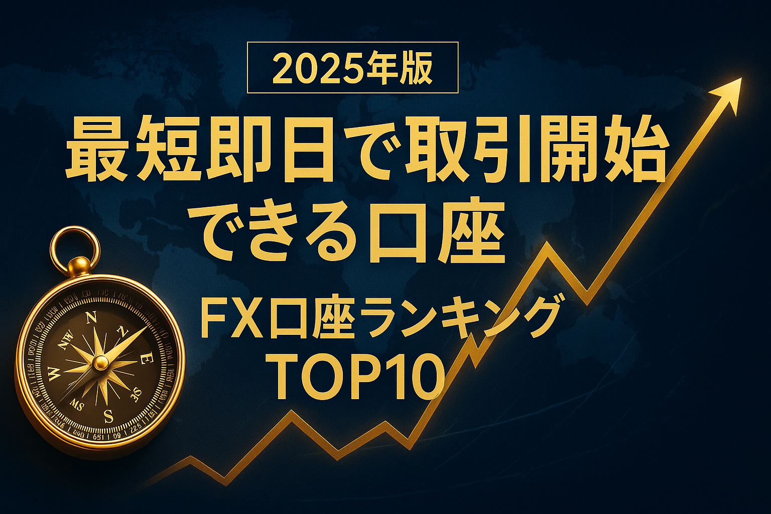 2025年版 FX口座ランキングTOP10。黄金のコンパスと上昇チャートラインが輝くネイビーとゴールドの背景に、“最短即日で取引開始できる口座”の文字が入った高級感あるデザイン
